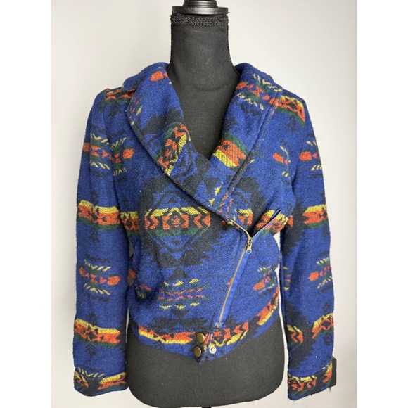 Unbranded Jackets & Blazers - Southwestern Aztec Moto Jacket Blue Geometric Woven Asymmetrical Zip CroppedBoho